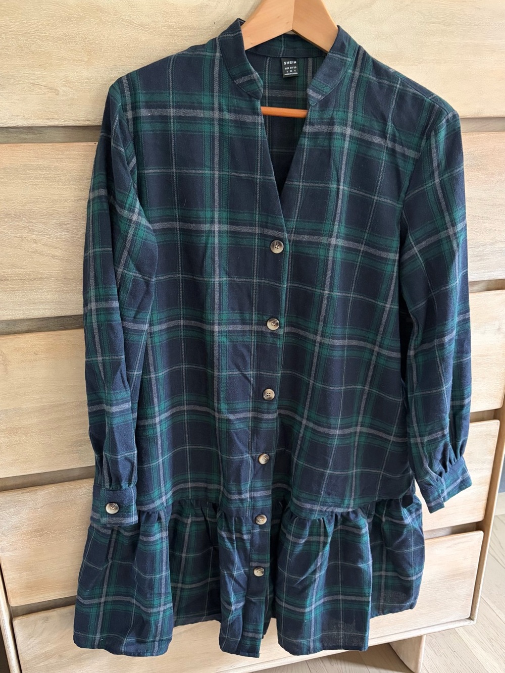 SHEIN Navy and Green Plaid Button-Down Ruffle-Hem Dress NWOT